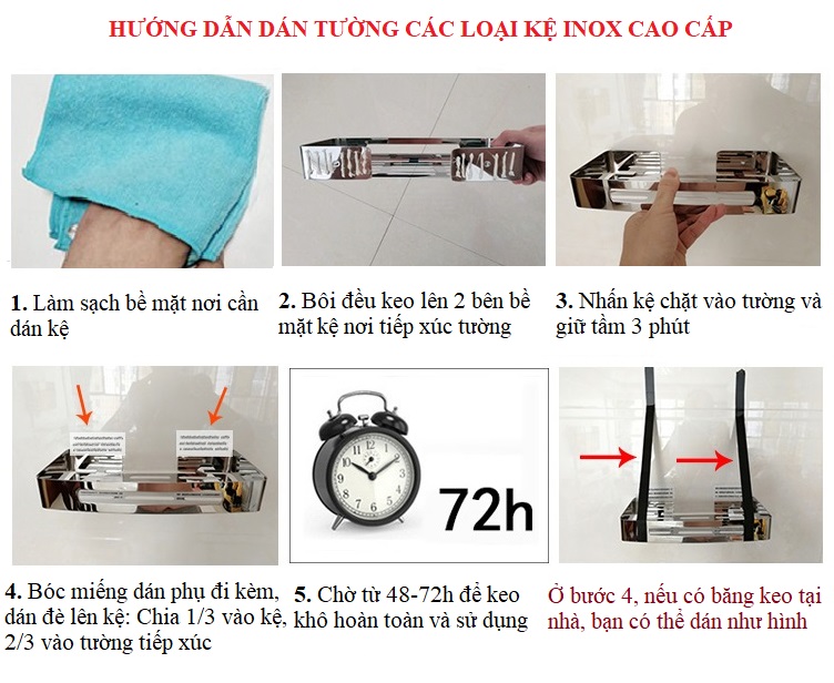 Kệ Nhà Tắm Chữ nhật 1 tầng inox 304 Dán Tường không cần khoan đục