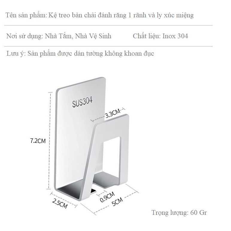 Kệ Để Bàn Chải Đánh Răng Cá Nhân 1 Rãnh Treo Ly Xúc Miệng Dán Tường Inox 304