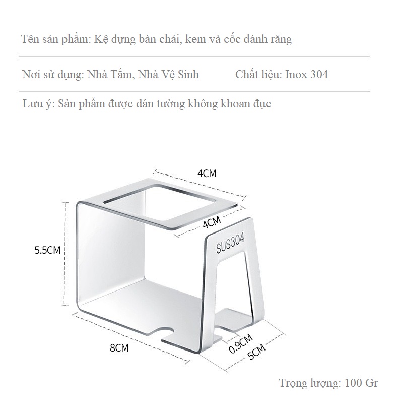 Kệ Để Bàn Chải Đánh Răng Inox 304 3 Rãnh Có Ngăn Treo Ly và Kem Đánh Răng