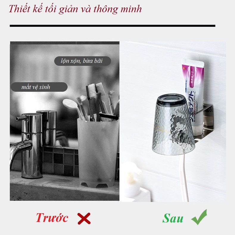 Kệ Để Bàn Chải Đánh Răng Inox 304 3 Rãnh Có Ngăn Treo Ly và Kem Đánh Răng