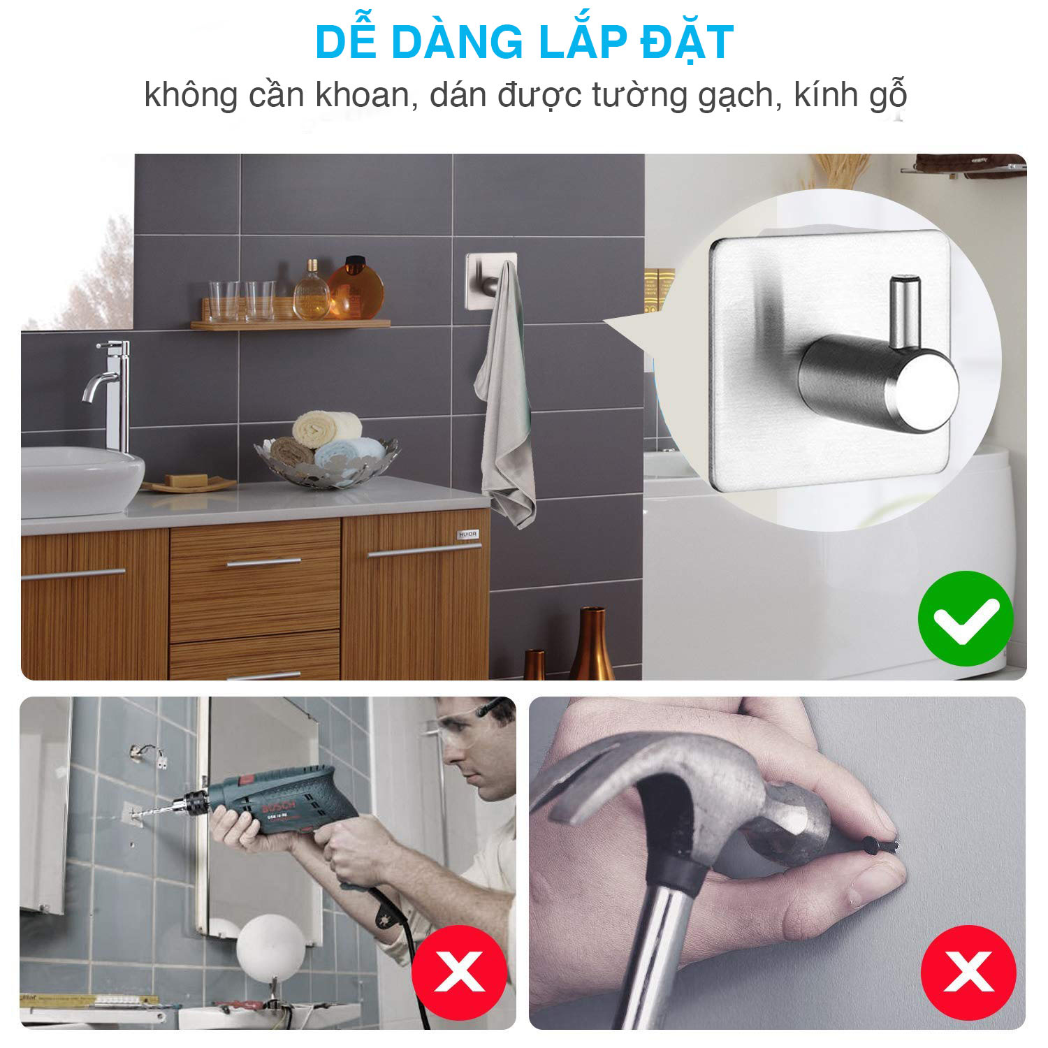 Bộ 4 Móc Dán Tường Treo Đồ Inox 304 Hình Trụ Vuông Latimax MD02