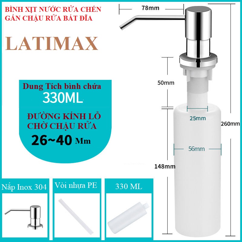 Bình đựng nước rửa chén bát gắn chậu rửa đầu vòi xịt Inox 304 Cao cấp - Dung tích 330ml