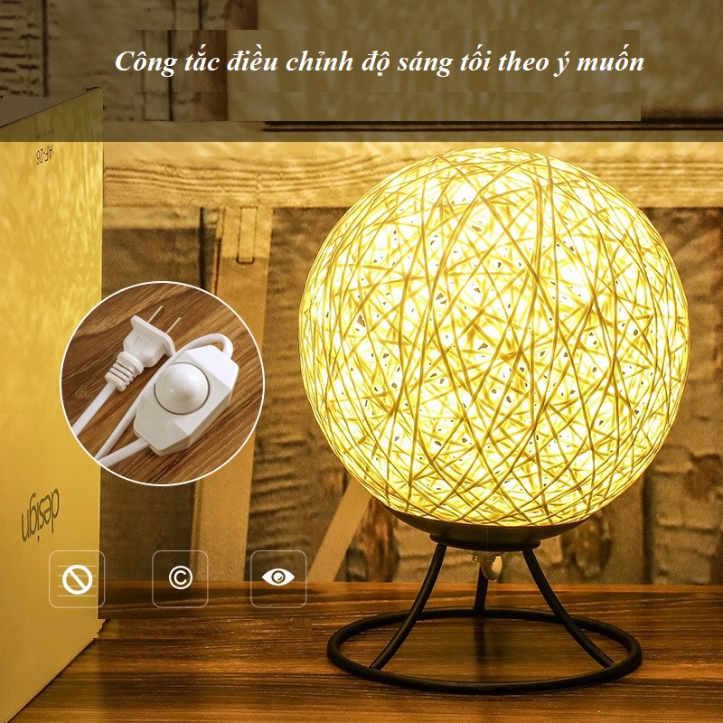 Đèn Ngủ Để Bàn Hình Quả Cầu Mây Đế Sắt Decor Độc Đáo, Bóng Led Điều Chỉnh Độ Sáng Theo Ý Muốn