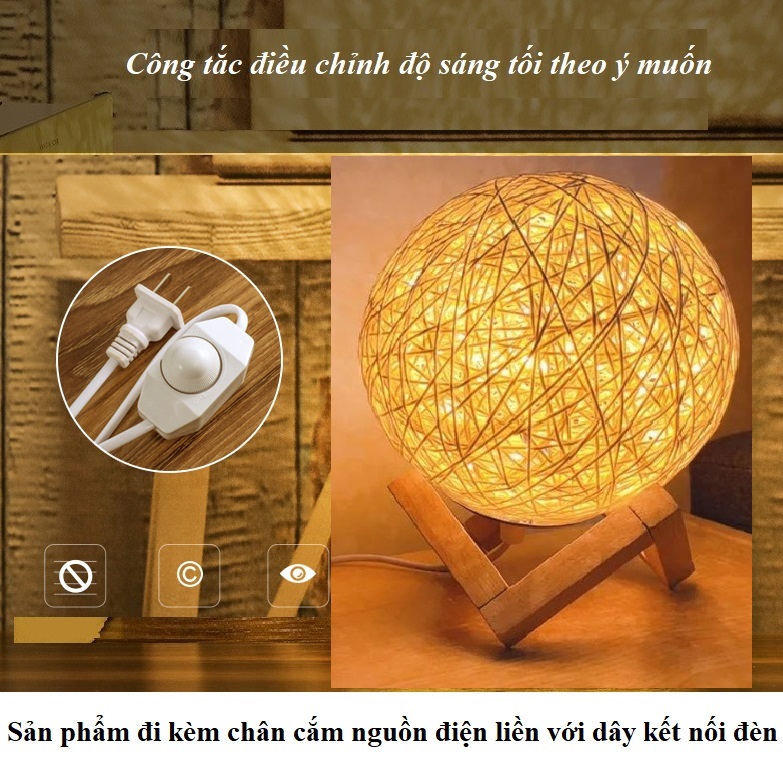 Đèn Ngủ Để Bàn Hình Quả Cầu Mây Đế Gỗ Xếp Decor Độc Đáo, Bóng Led Điều Chỉnh Độ Sáng Theo Ý Muốn