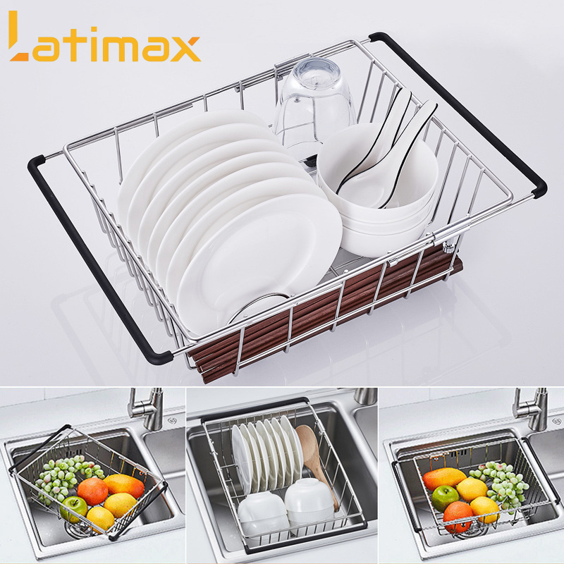 Kệ gác bồn rửa chén đựng Hoa quả, Chén đĩa, Rau củ Latimax Inox 304 Thiết kế thông minh Co dãn từ 32 - 44 cm