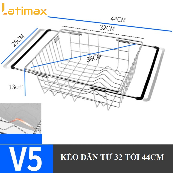 Kệ gác bồn rửa chén đựng Hoa quả, Chén đĩa, Rau củ Latimax Inox 304 Thiết kế thông minh Co dãn từ 32 - 44 cm