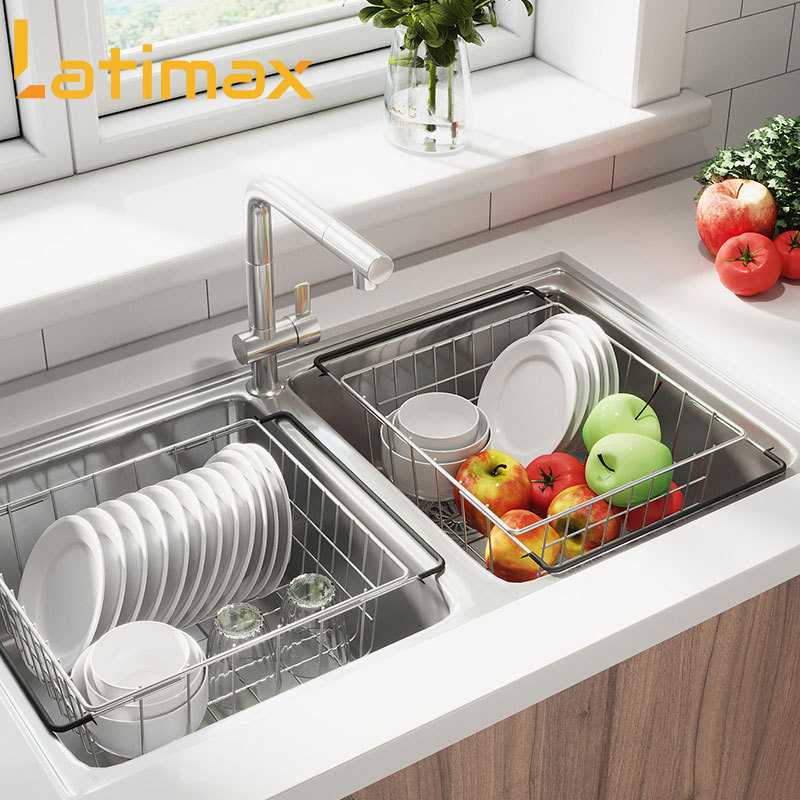 Kệ gác bồn rửa chén đựng Hoa quả, Chén đĩa, Rau củ Latimax Inox 304 Thiết kế thông minh Co dãn từ 32 - 44 cm