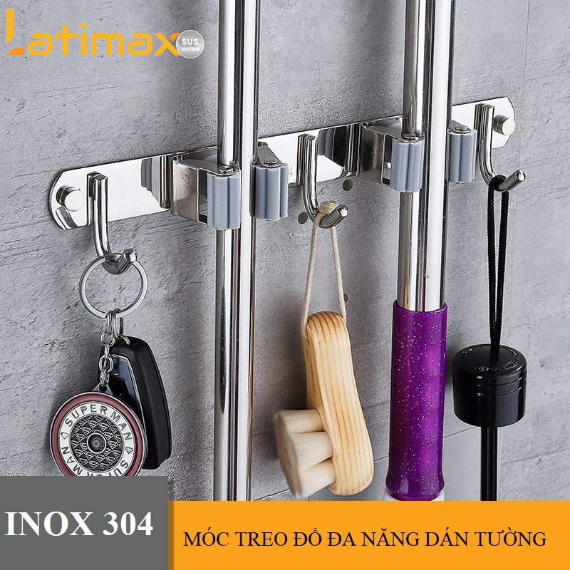 Thanh Treo Đồ Dán Tường Đa Năng Loại 3 Móc kèm 2 Kẹp Chổi Lau Nhà Chất liệu Inox 304 Cao Cấp