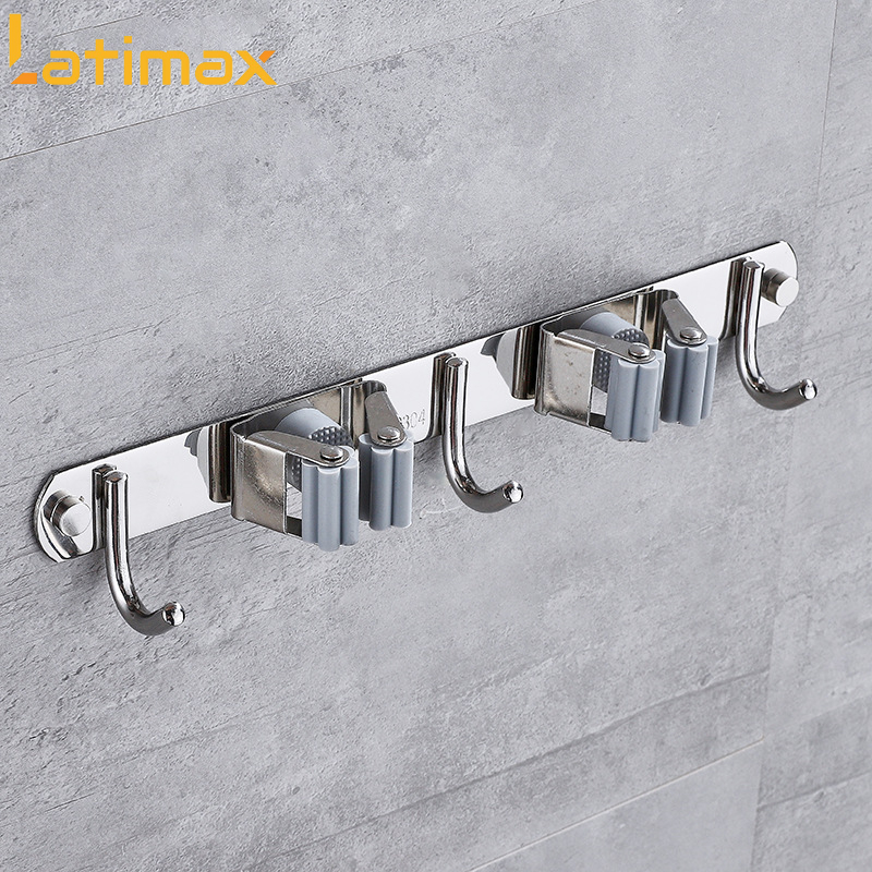 Thanh Treo Đồ Dán Tường Đa Năng Loại 3 Móc kèm 2 Kẹp Chổi Lau Nhà Chất liệu Inox 304 Cao Cấp