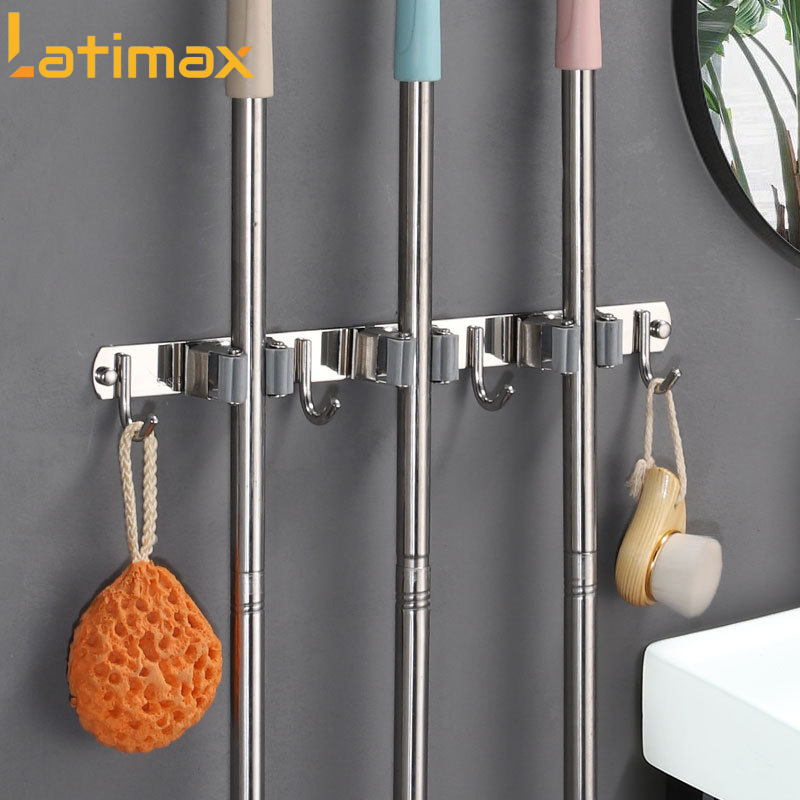 Thanh Treo Đồ Dán Tường Đa Năng Loại 4 Móc kèm 3 Kẹp Chổi Lau Nhà Chất liệu Inox 304 Cao Cấp