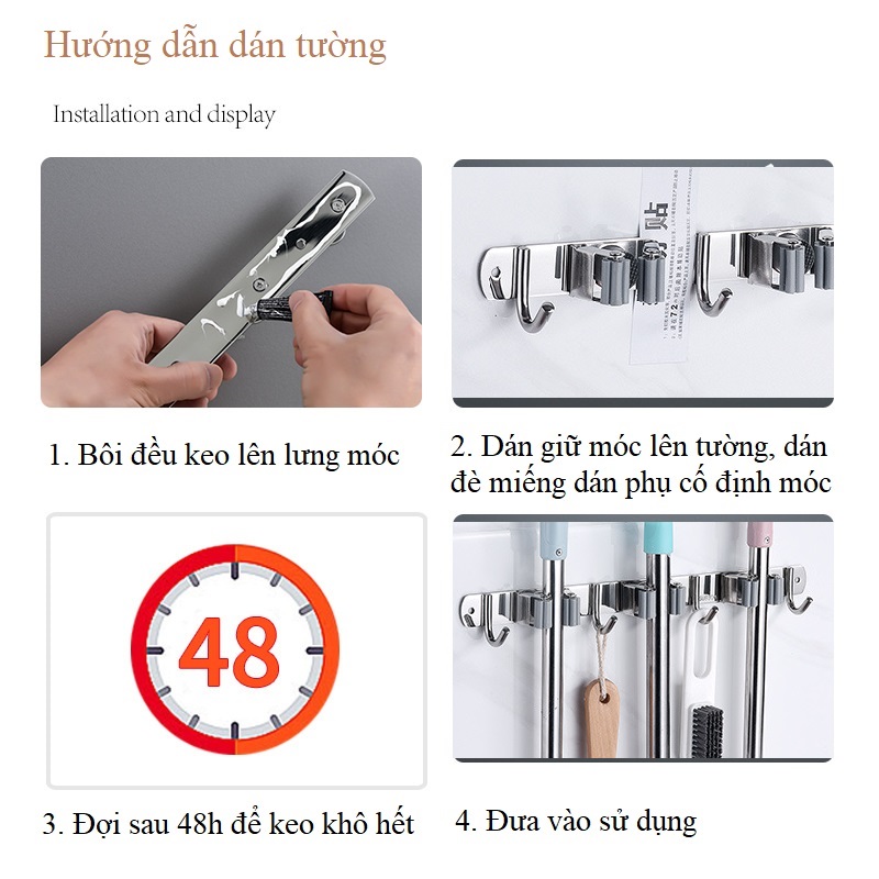 Thanh Treo Đồ Dán Tường Đa Năng Loại 4 Móc kèm 3 Kẹp Chổi Lau Nhà Chất liệu Inox 304 Cao Cấp