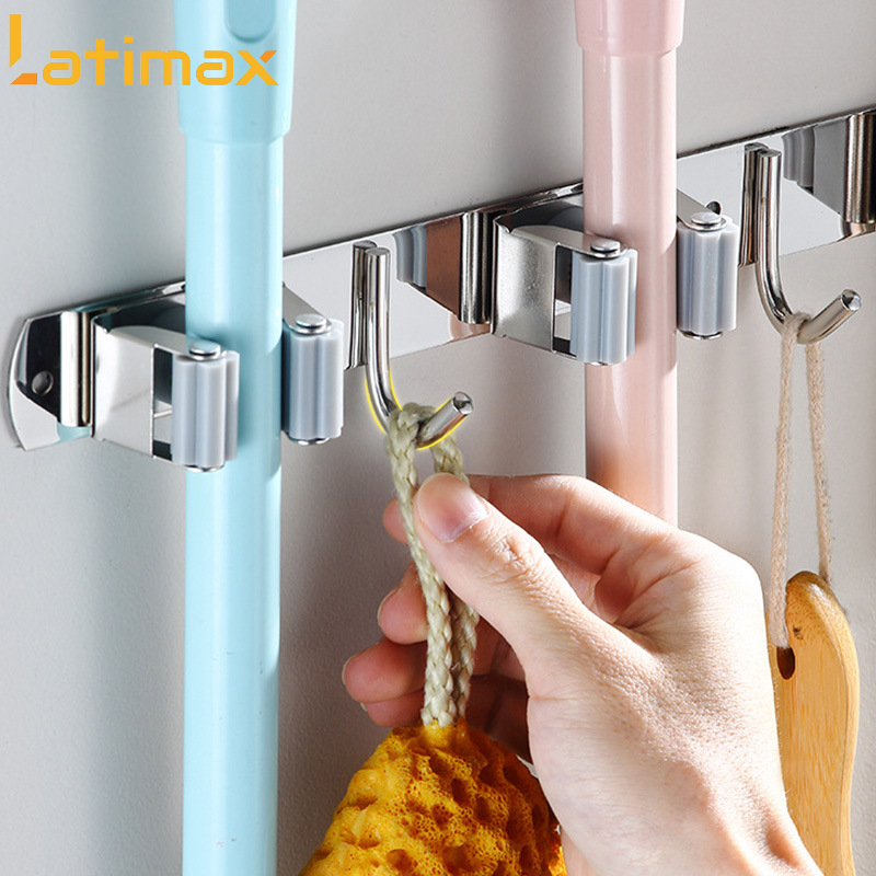 Thanh Treo Đồ Dán Tường Đa Năng Loại 4 Móc kèm 3 Kẹp Chổi Lau Nhà Chất liệu Inox 304 Cao Cấp