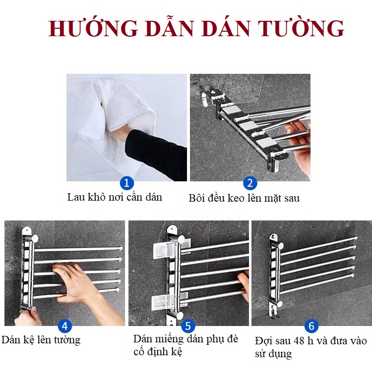 Thanh treo khăn nhà tắm 4 nhánh dán tường VKT4 xoay 180 độ Inox 304