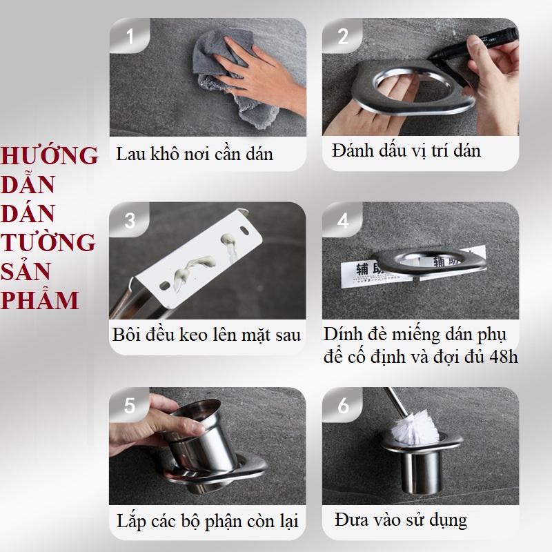 Bộ chổi cọ bồn cầu, toilet kèm giá đỡ dán tường Inox 304 cao cấp - Cây cọ vệ sinh kháng khuẩn sang trọng